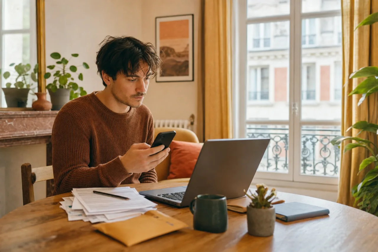 Personne gerant ses factures d'internet et de telephone sur un ordinateur portable a domicile