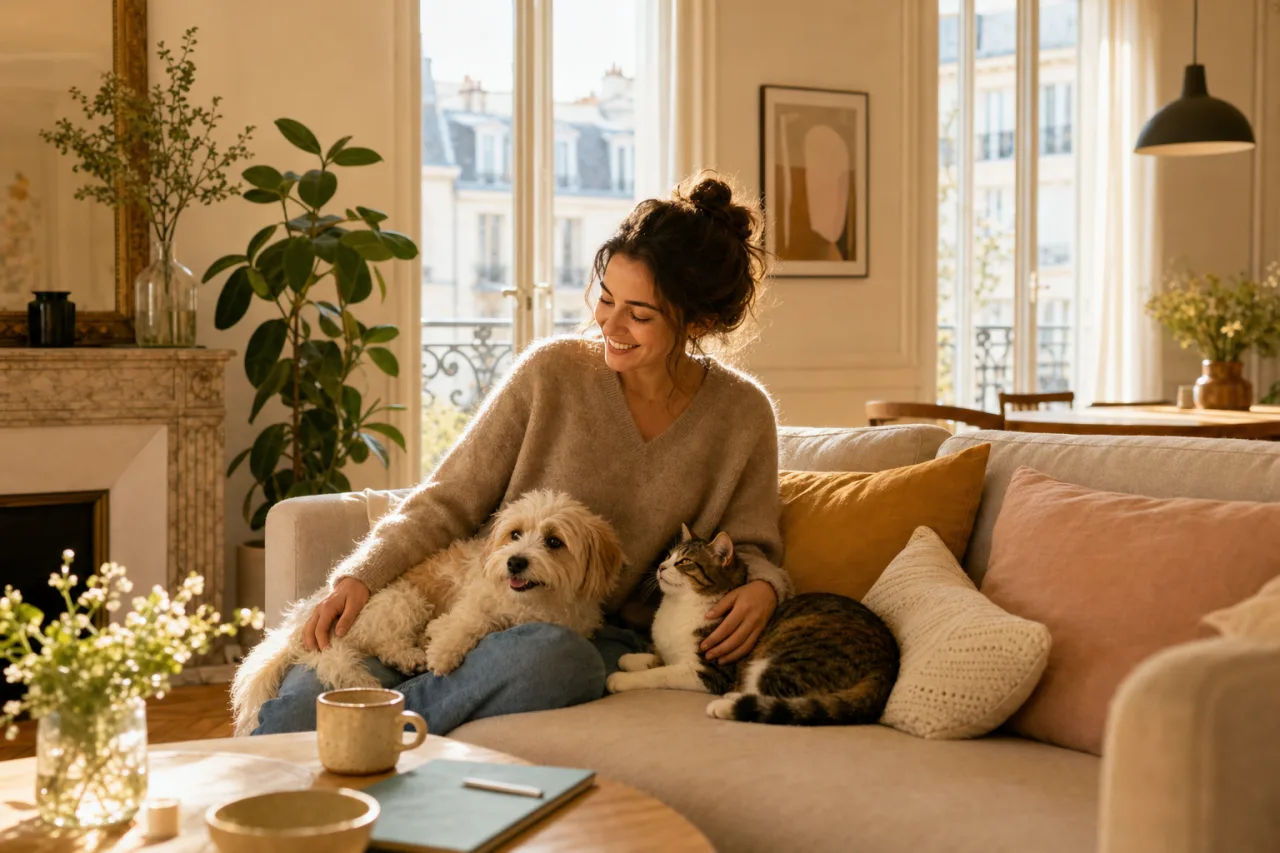 Locataire avec son chat et son chien dans un salon lumineux