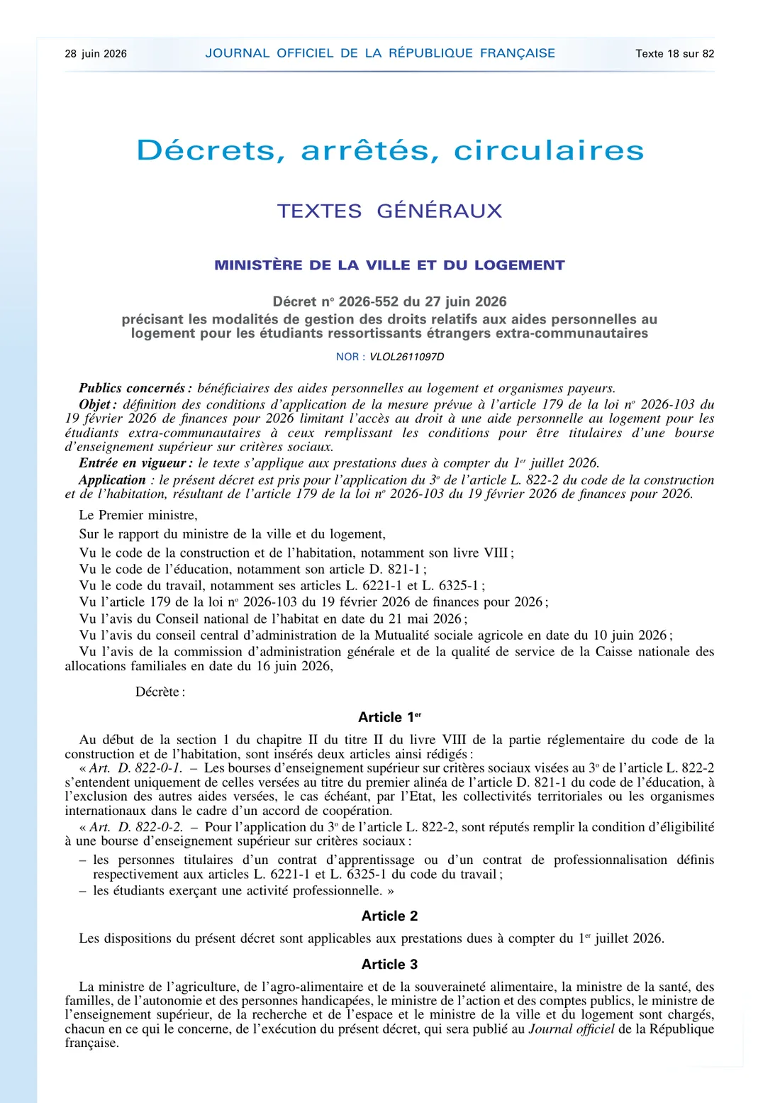 Page du Journal officiel du 28 juin 2026 reproduisant le décret n° 2026-552 sur les aides au logement des étudiants extra-communautaires