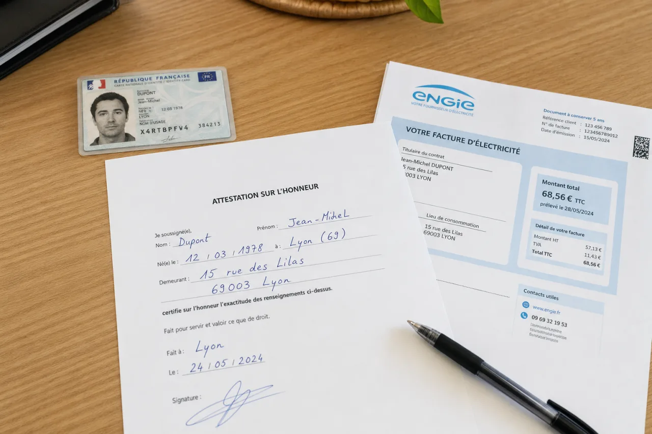 Attestation d'hebergement remplie et signee posee sur une table