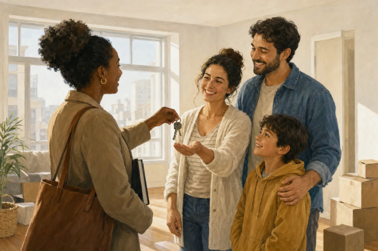 Travailleur social remettant les cles d'un logement a une famille accompagnee