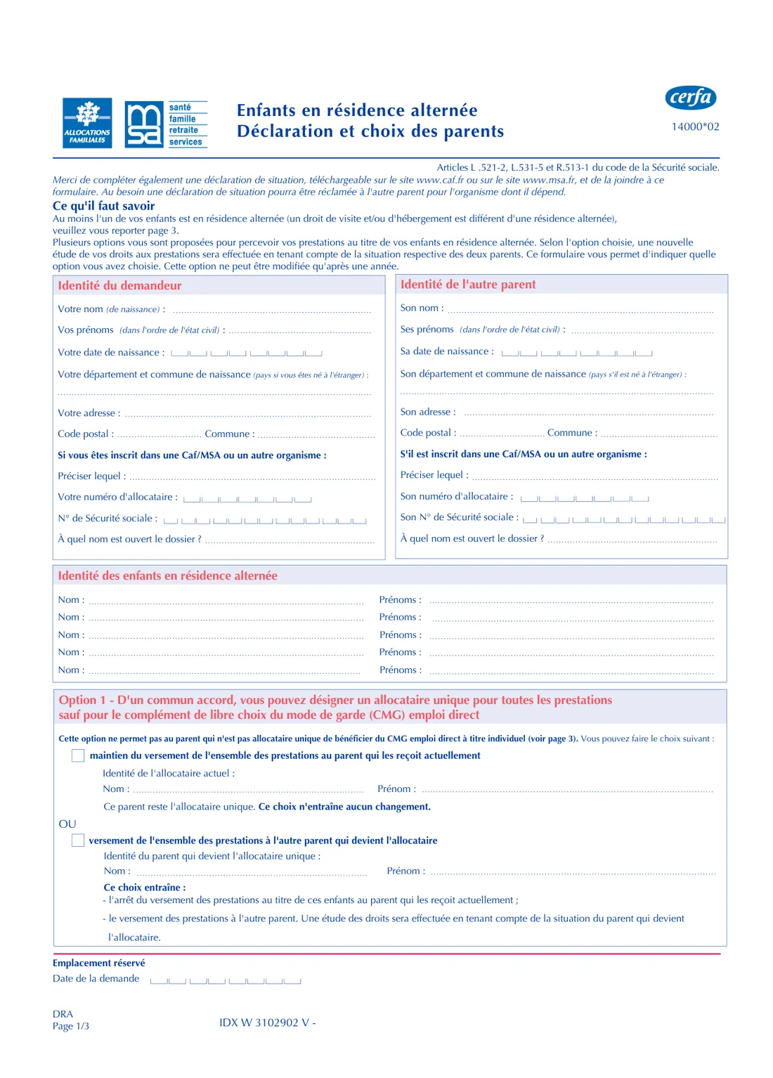 Première page du formulaire cerfa 14000*02 Enfants en résidence alternée, déclaration et choix des parents