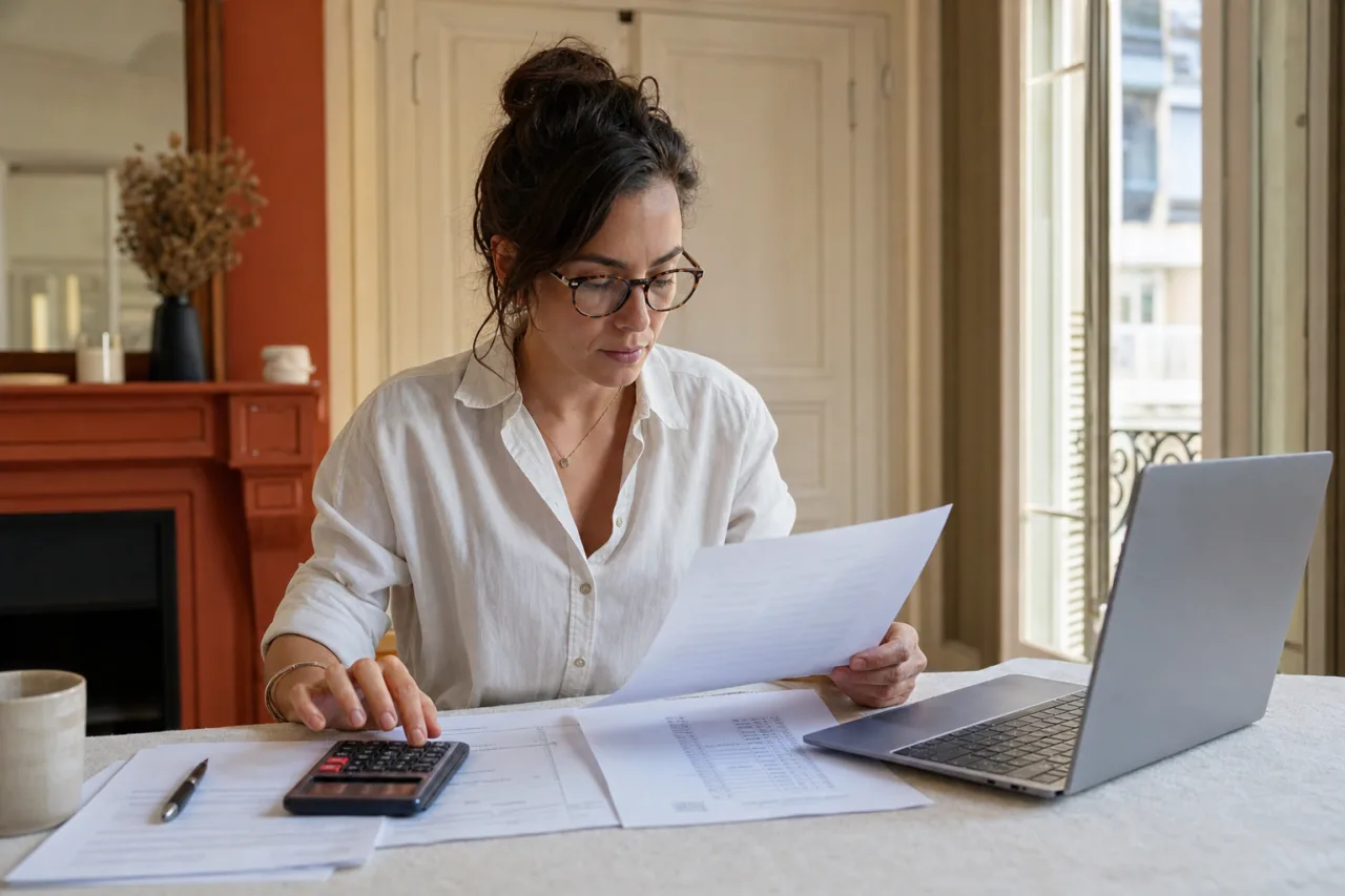 Locataire verifiant son decompte de charges locatives avec une calculatrice