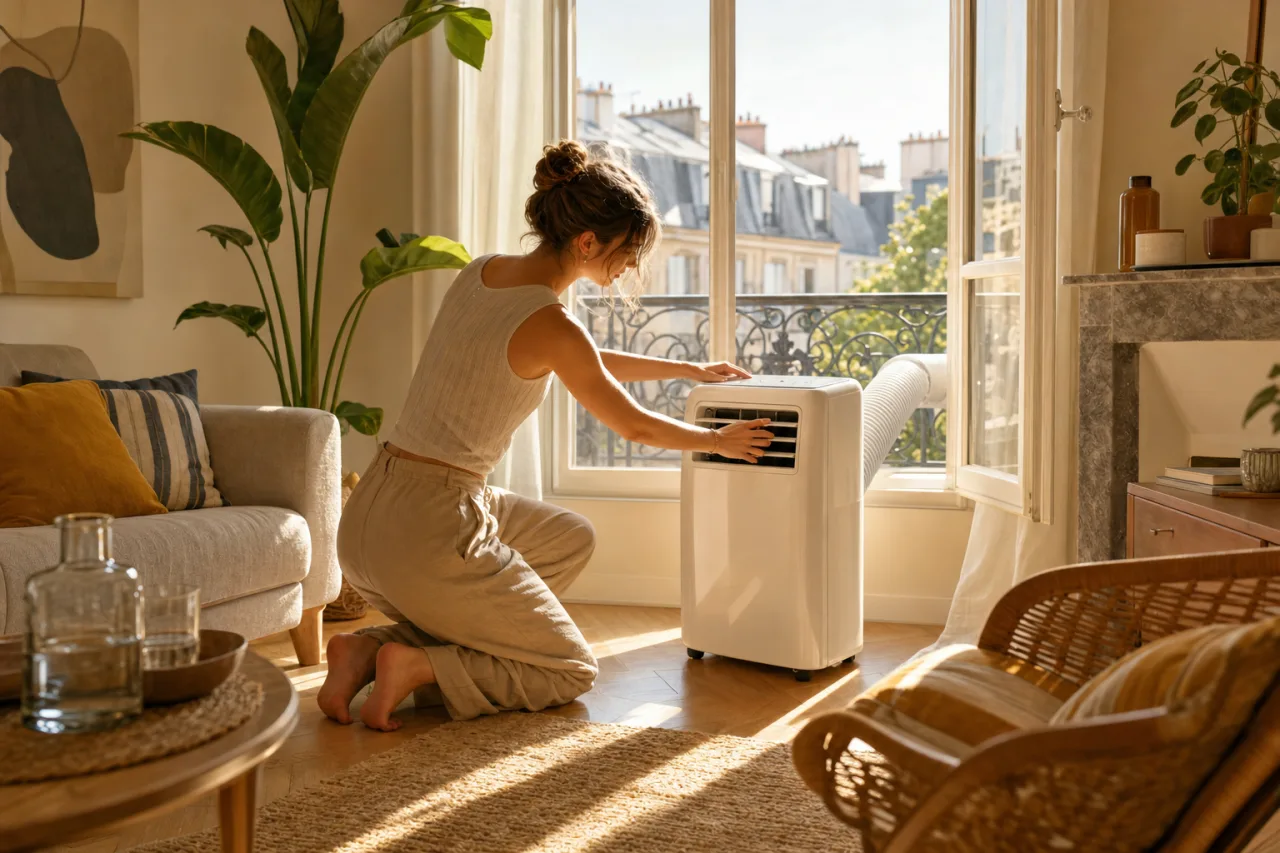Locataire reglant un climatiseur dans un salon lumineux en ete