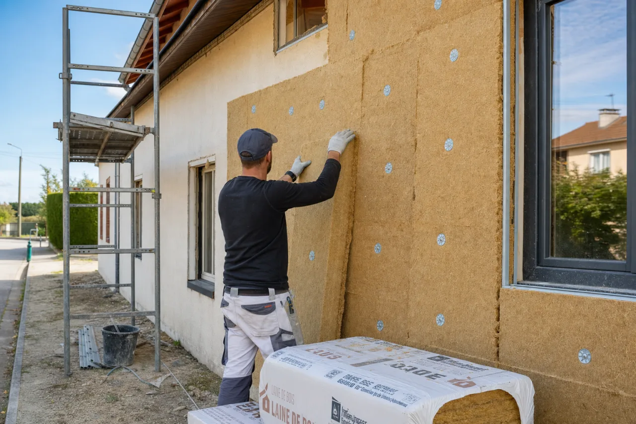 Chantier de renovation energetique d un appartement avec artisan posant une isolation thermique