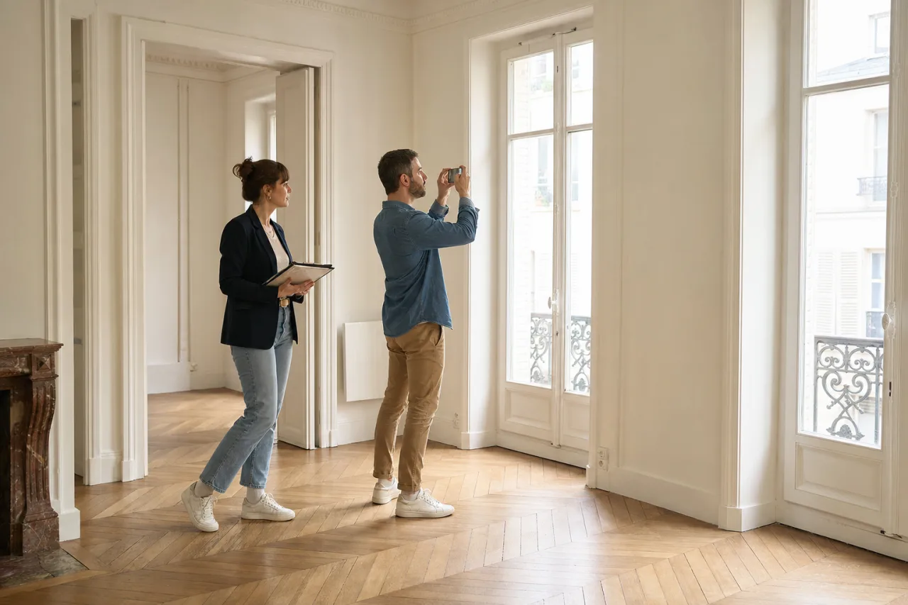 Locataire et bailleur realisant l'etat des lieux d'un logement