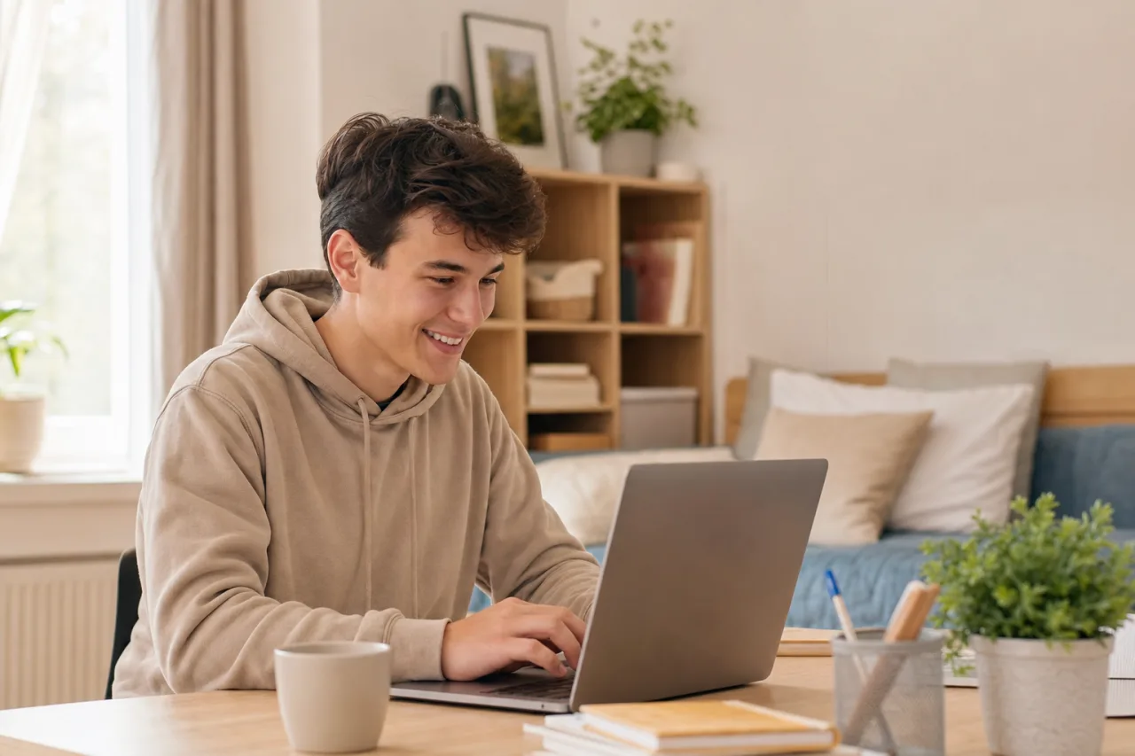 Étudiant travaillant dans sa chambre lumineuse