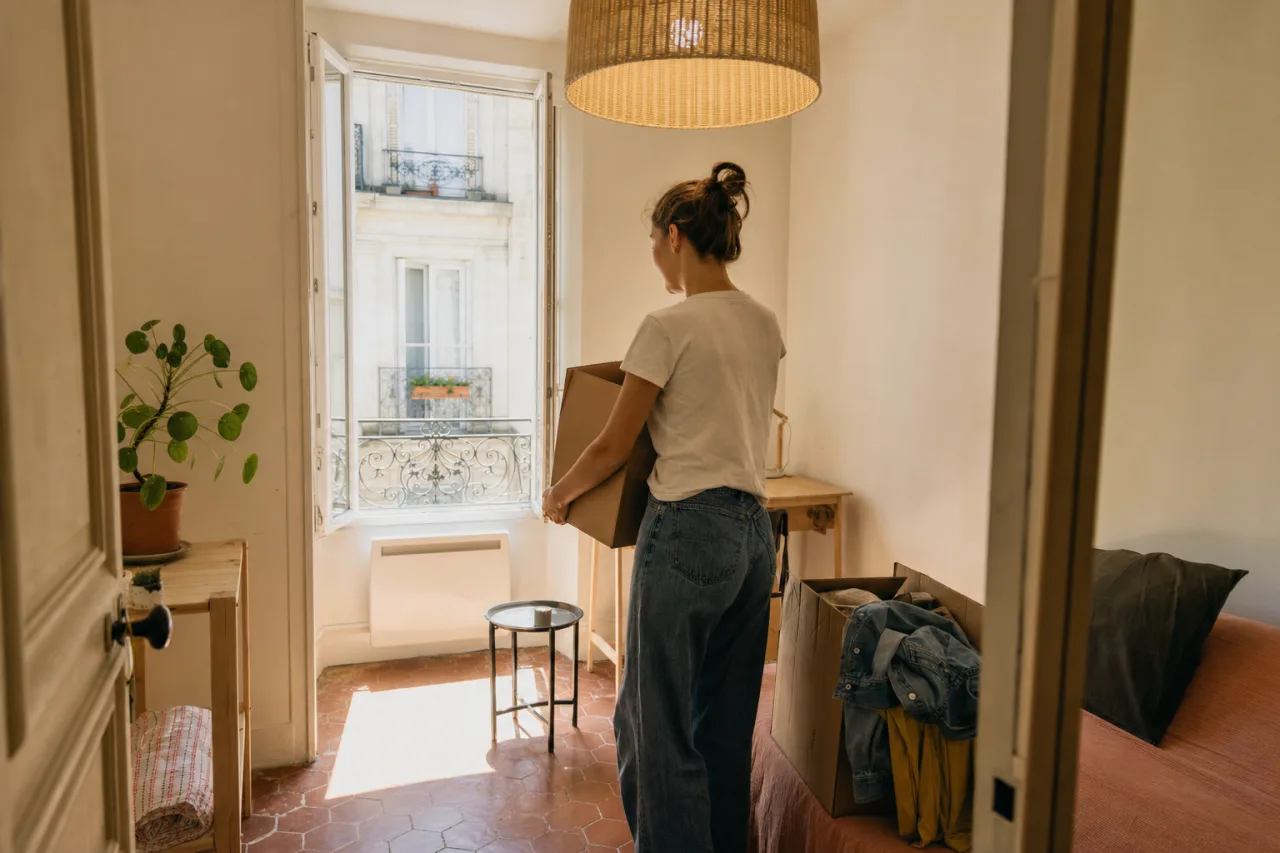 Jeune emmenageant dans une chambre de residence habitat jeunes