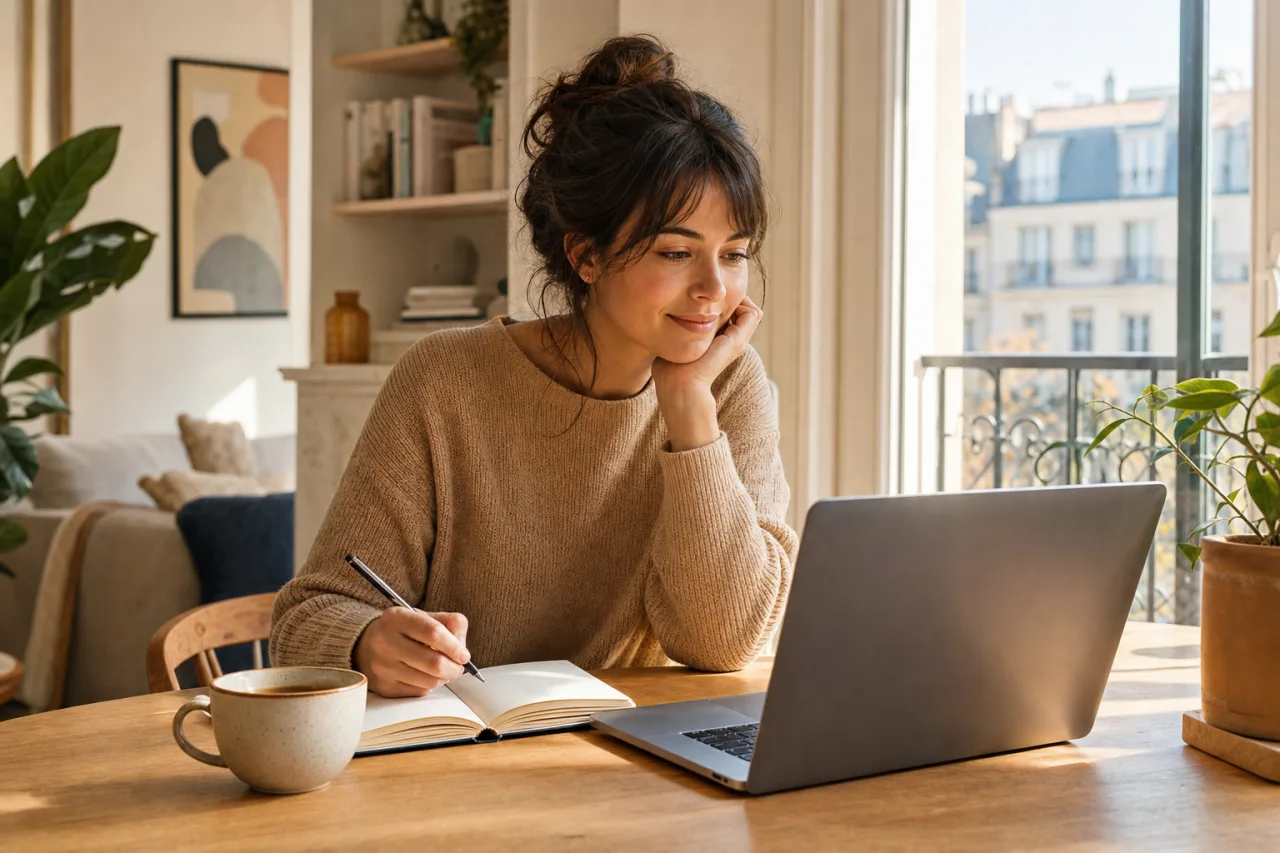 Locataire comparant des services de garant payant en ligne sur un ordinateur portable
