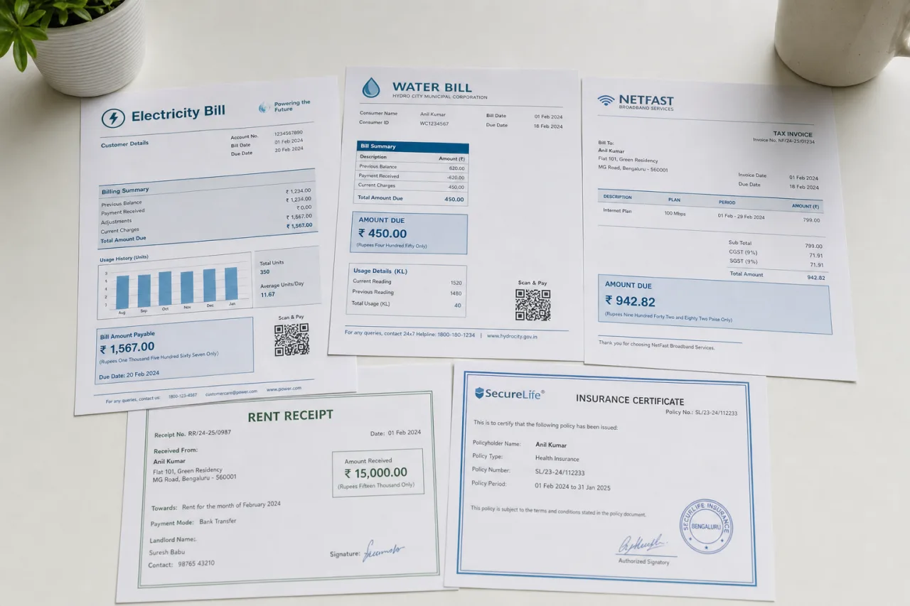 Factures et documents administratifs poses sur un bureau pour prouver son domicile