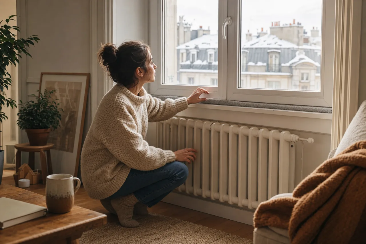 Locataire verifiant l'isolation et le chauffage de son logement en hiver