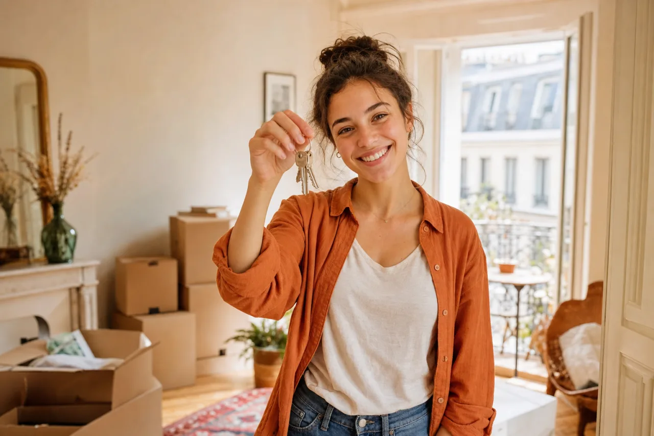 Jeune locataire tenant les cles de son logement loue sans garant