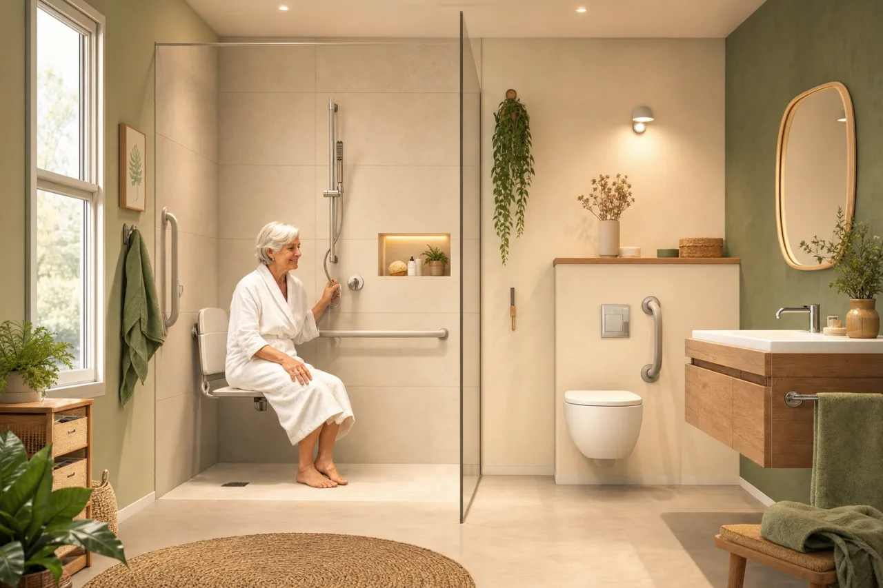 Salle de bain adaptee avec douche de plain-pied et barre d'appui dans un logement lumineux