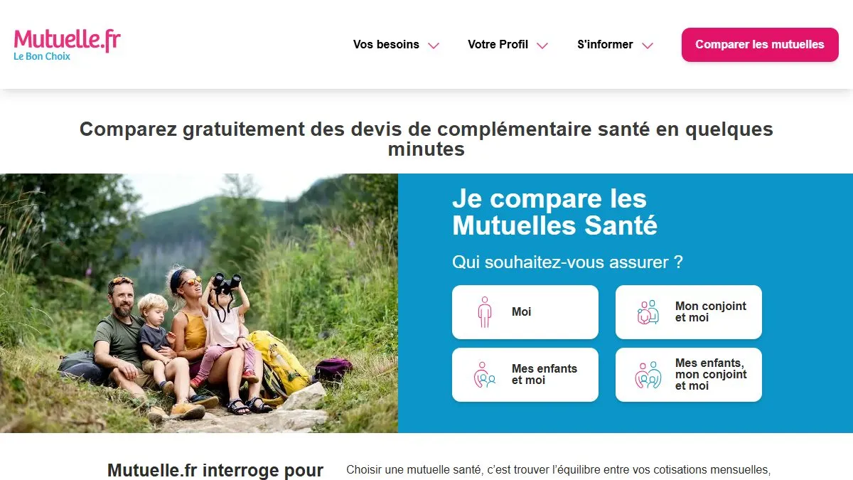 Page d'accueil de Mutuelle.fr, capture du 24 octobre 2026 : choix de la personne à assurer avant le comparatif