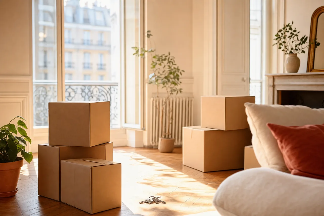 Cartons de demenagement et cles dans un logement lumineux