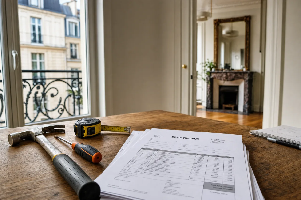 Outils de bricolage et devis de travaux poses sur une table dans un appartement en cours de renovation