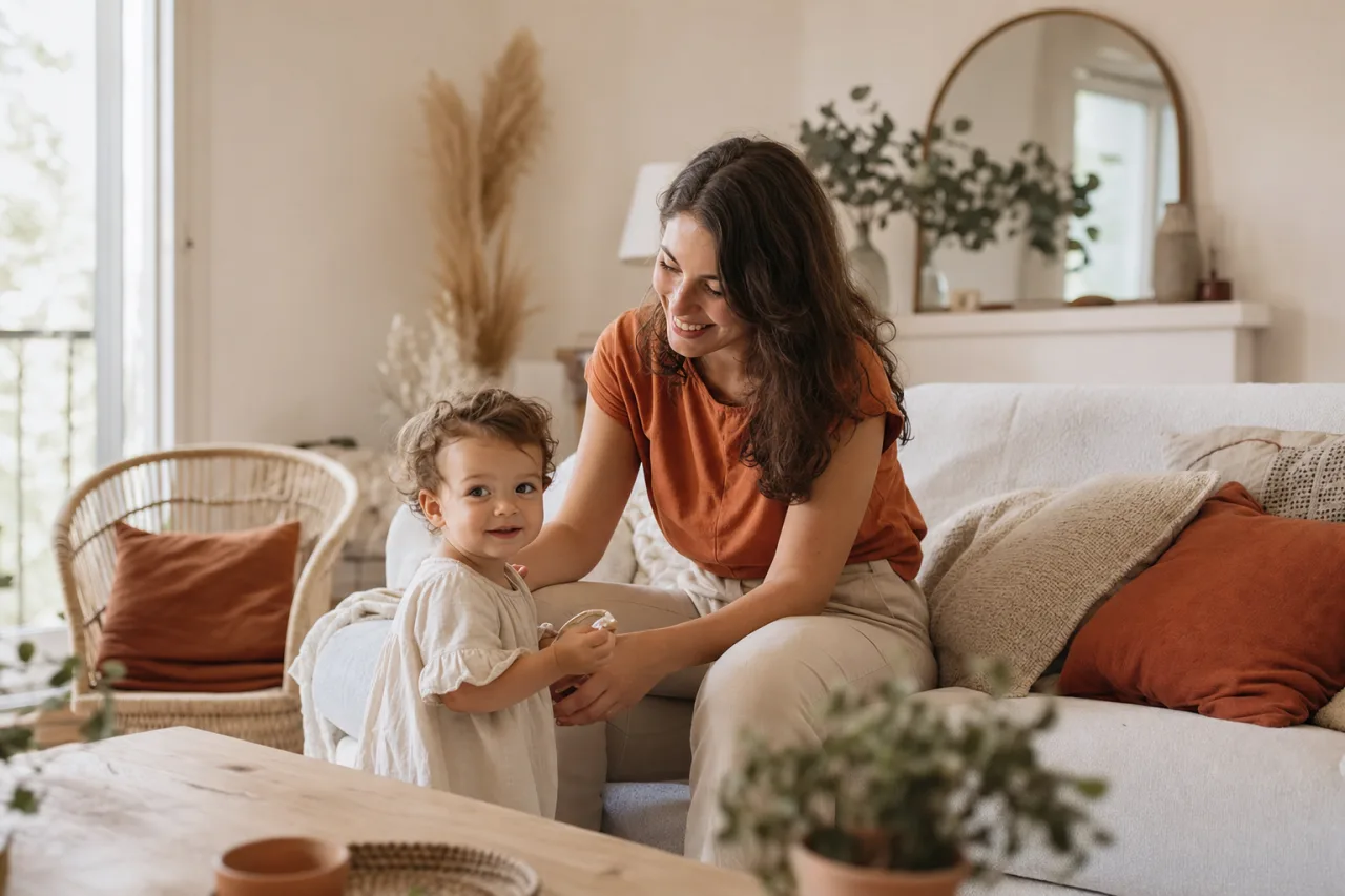 Mère et enfant dans le salon de leur logement