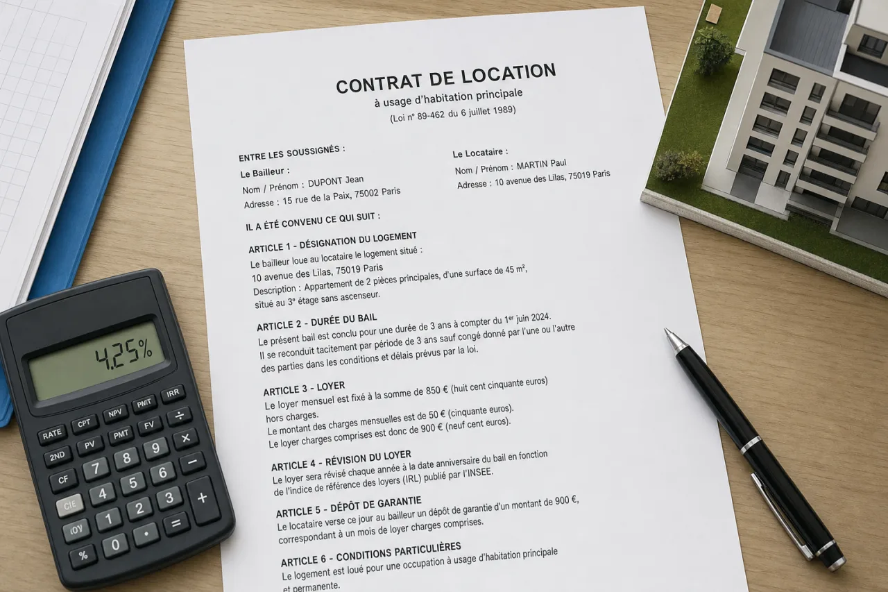 Calculatrice et quittance de loyer posees sur une table pour verifier une revision de loyer