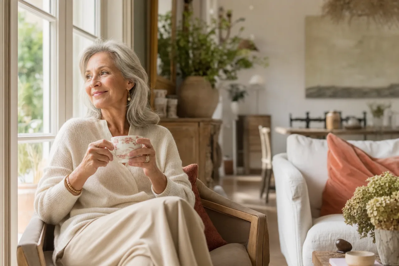 Personne agee sereine chez elle dans un logement social