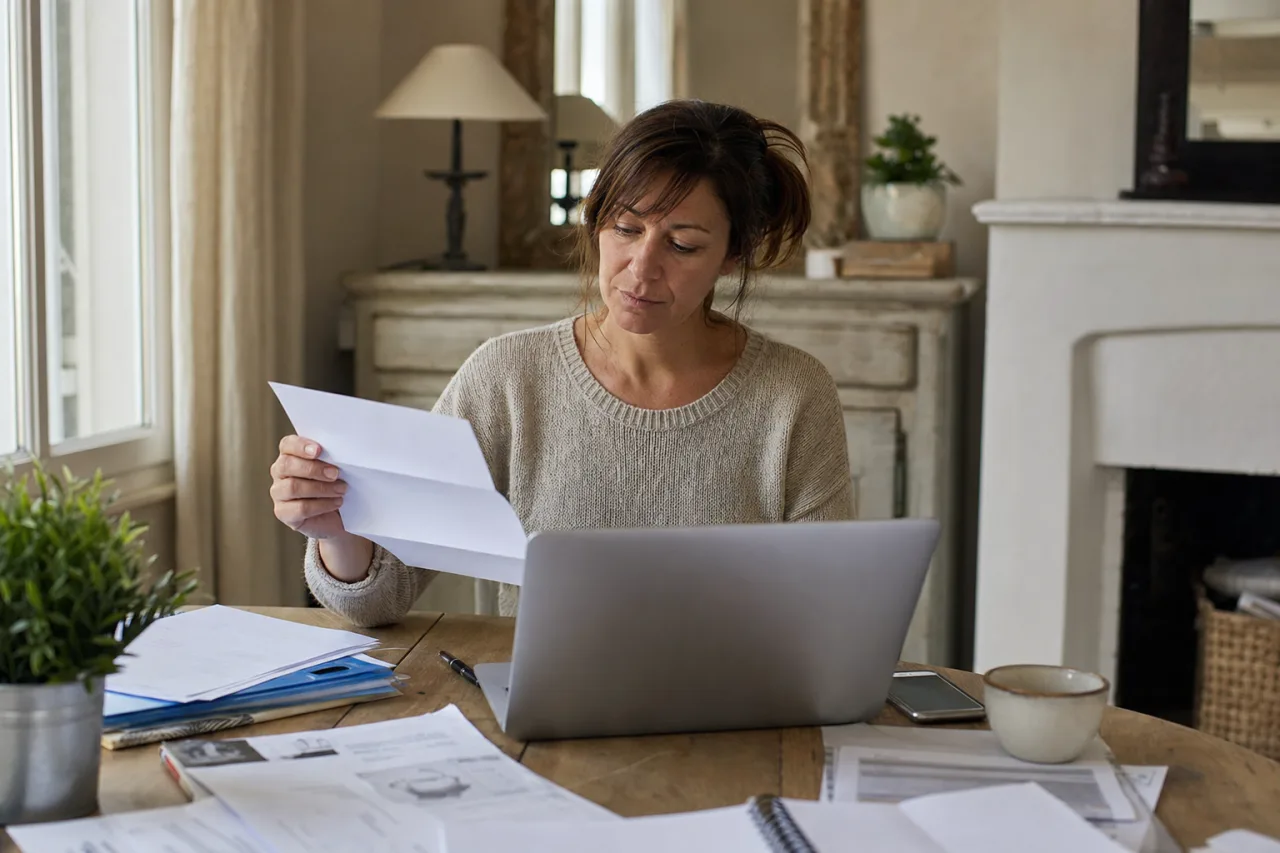 Personne lisant un courrier de la CAF et cherchant des solutions