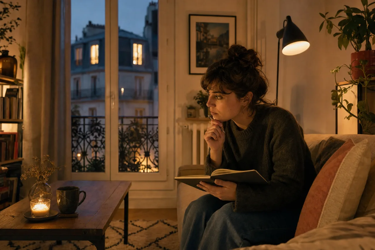 Locataire notant des nuisances sonores sur un carnet dans son salon
