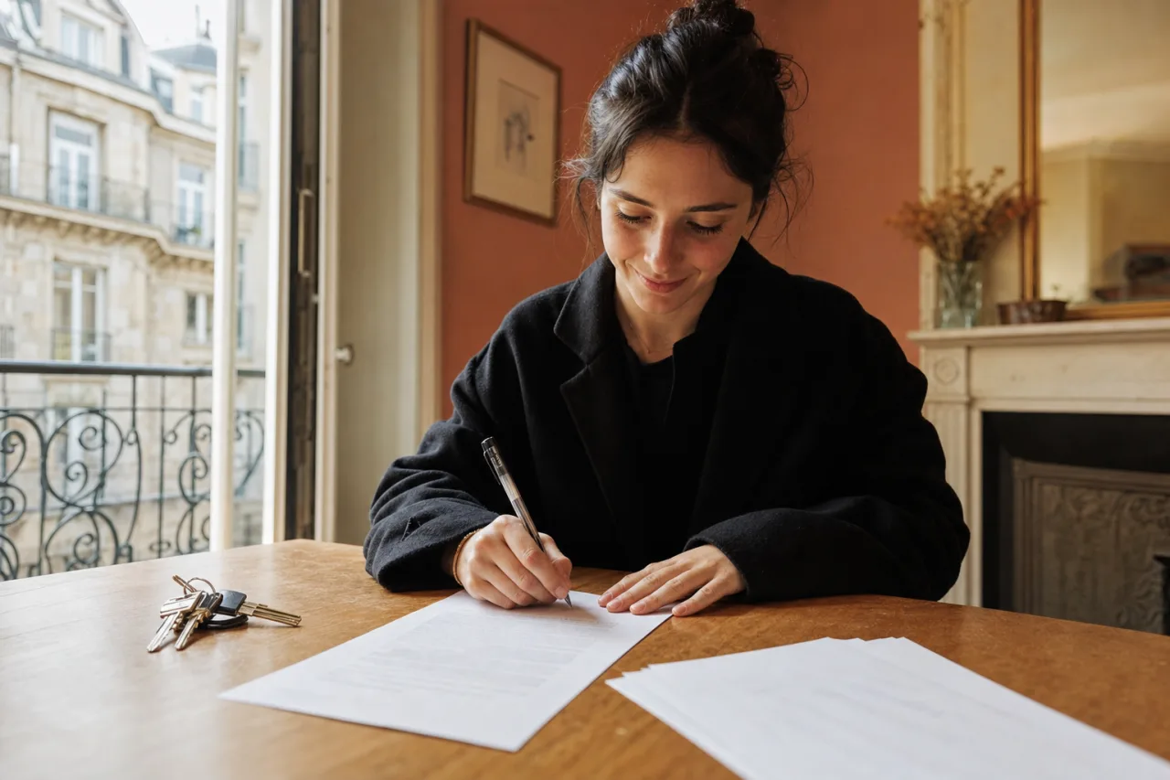 Locataire signant un bail de location avec un stylo et des cles